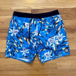 Volcom Men's Size Large L Hawaii Blue Floral Swim Trunks Elastic Waist 17"